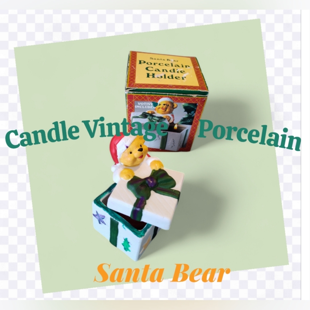 Giftco Santa Bear Porcelain Swivel Lid Cancel Holder Red Tea Light Handpainted
